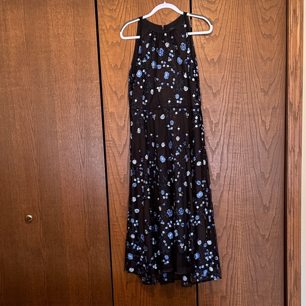 Tahari Black Maxi Dress with Blue Floral Design